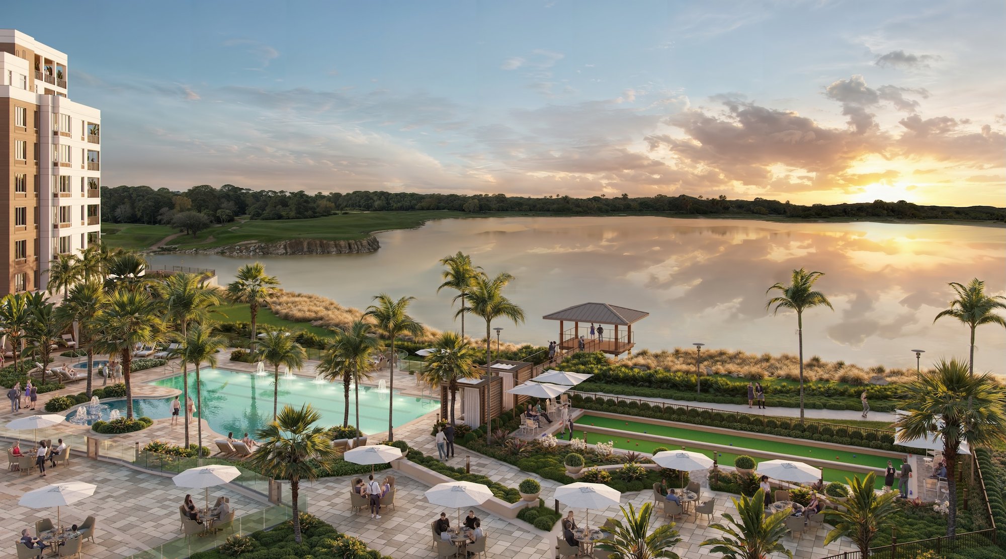 Rendering of Clubhouse Pool and Lake at Dusk